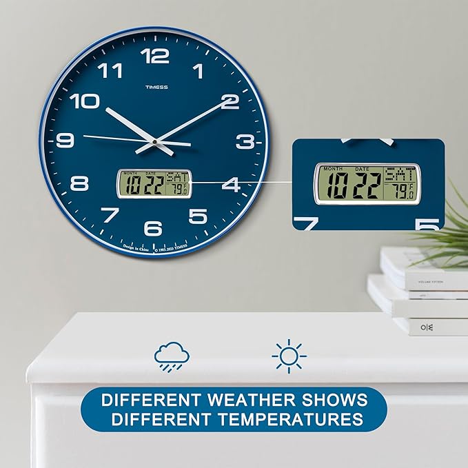 Wall Clock, 14" Large Dial Non-Ticking Silent Battery Operated Analog with LCD Display for Perpetual Calendar and F° Temperature, Ideal Modern Home, Bedroom, Kitchen, Office Decor (Blue)