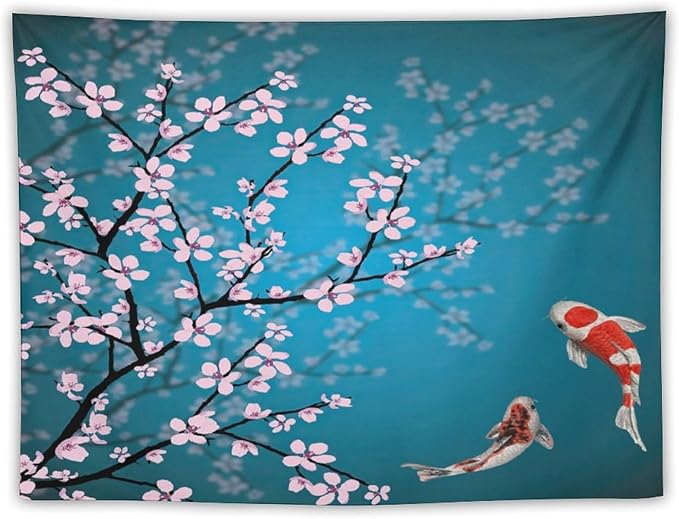 Houselerax Japanese Koi Fish Tapestry, Cherry Blossoms Asian Oriental Green Teal Flower Branch Koi Fish Carp Tapestries Wall Hanging for Bedroom Living Room Office Decor 90"x60"