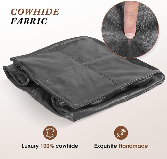 Leather Ottoman,Handmade Stuffed Square Ottoman,Genuine Leather Pouf, Foot Rest Pouf,Comfortable Soft Seating for Living Room & Bedroom (Grey, Square)