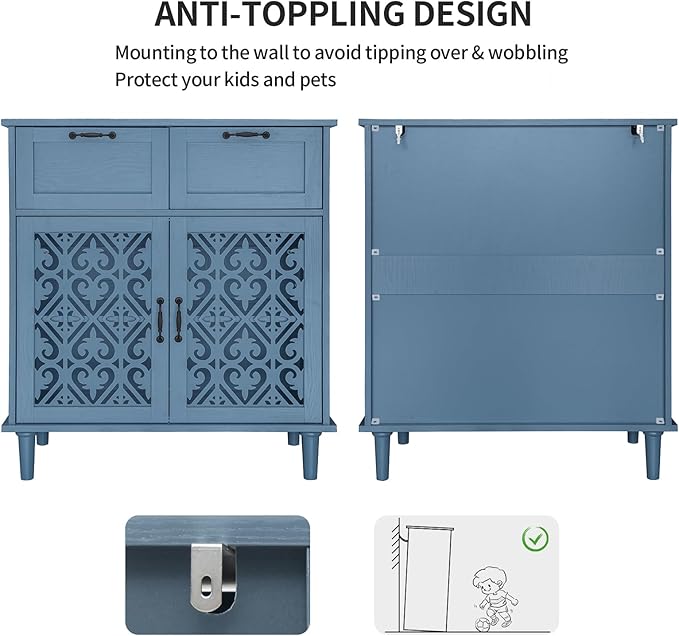 Kitchen Storage Cabinet with Drawers - Accent Cabinet with Carved Door, Floor Sideboard Buffet with Storage, Small Wood Credenza for Living Room, Dining Room, Entryway, Blue