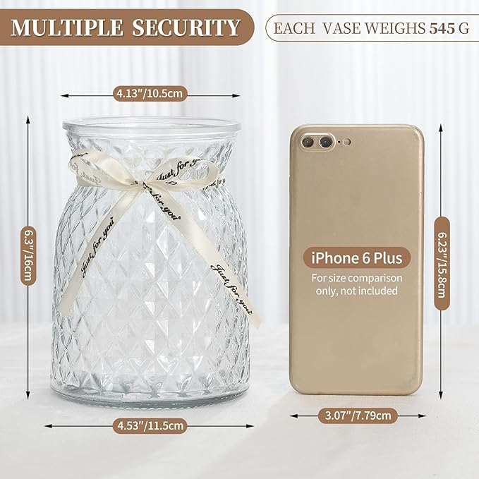SOJOCK 2PACK Glass Flower Vases(Flowers NOT Included),6.3" High Diamond Pattern Vases,Vintage Vases for Centrepieces,Wedding Decorations,Home Table Flower Decorations