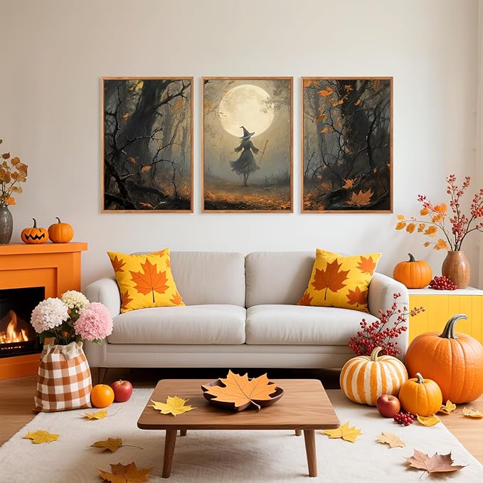 Aurlan Moonlight Witch in The Maple Forest Framed Wall Art(16"x24"), 3PCS Vintage Magical Witchy Gothic Halloween Canvas Artwork, Dark Academia Mystical Midnight Landscape Decor for Home Office Bedroom