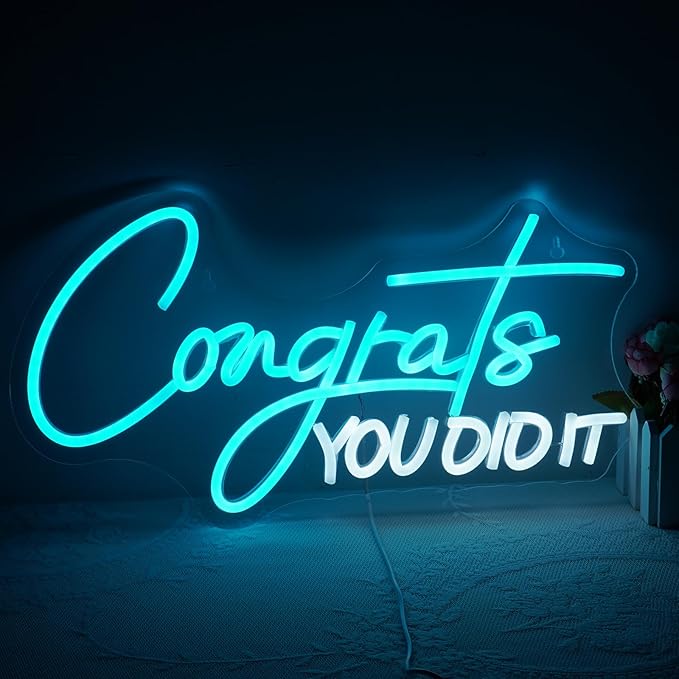 WLHOPE Congrats You Did It Neon Sign Graduation Decorations 2025 16.5'' x 8.9'' Adjustable Blue White LED lights for Party College High School Class Graduation Gifts