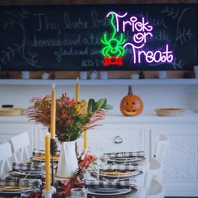 Trick Or Treat Neon Sign Funny Spider Candy LED Neon Light for Wall Decor Dimmable USB Halloween Light Up Sign for Halloween Party Home Neon Decor (16.7 * 12.8In)