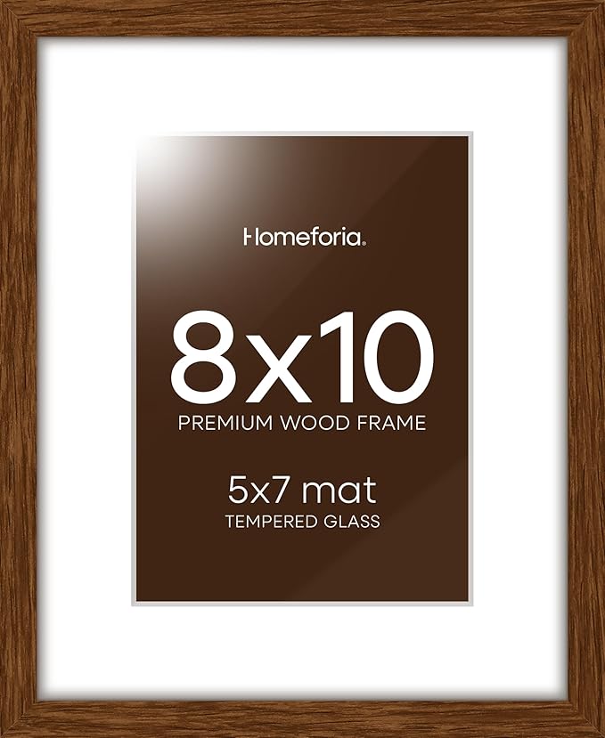 Homeforia 8x10 Picture Frame Brown, High End Dark Oak 8 x 10 Walnut Wooden Frames with Mat 5 by 7 Photo, 8x10 Wood Frame Matted to 5x7 Print, Wall or Tabletop Frame, Tempered Glass, Wall Kit, Set of 1