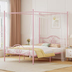 Weehom Full Canopy Bed Frame with Headboard and Footboard, Four-Poster Metal Canopied Platform Bed Mattress Foundation Underbed Storage Space No Box Spring Needed for Girls Adults Pink