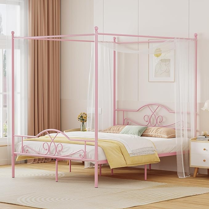 Weehom Full Canopy Bed Frame with Headboard and Footboard, Four-Poster Metal Canopied Platform Bed Mattress Foundation Underbed Storage Space No Box Spring Needed for Girls Adults Pink
