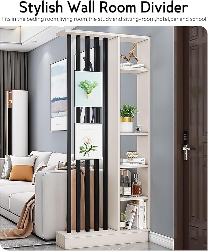 Wall Room Divider, Storage Cabinet Storage Display with Shelves, Modern Freestanding Wood Room Divider Screen, Wall Privacy Screens for Home Decorative (Beige+Black,35.4" L x 9.5" W x 79.5" H)