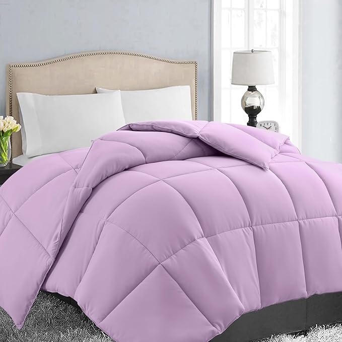 EASELAND Queen Size Down Alternative Comforter - Quilted Duvet Insert for All Seasons, Soft Lightweight with Corner Tabs, Summer Winter Warm Bedding, Lavender 88×88 Inches