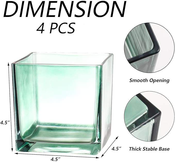 Square Glass Vases Set of 4, 5" x 5" x 5" Green Flower Vases for Centerpieces, Square Vase for Flowers, Small Vase for Wedding, Party, Home Office Decoration