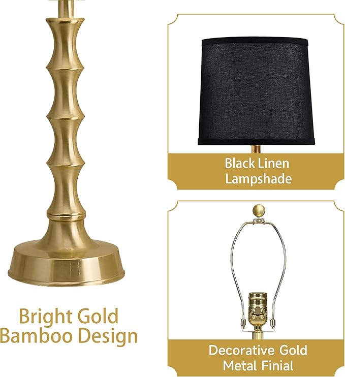 24" Small Black Lamp for Bedroom, Black Gold Table Lamps for Living Room Set of 2, Retro Gold Lamps for Nightstand Set of 2, Retro Small Table Lamp for Sofa Table, Nursery, Small Reading Lamps