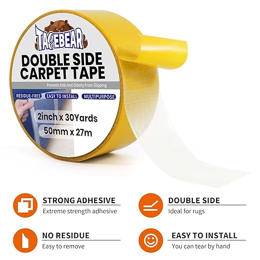 TAPEBEAR Carpet Tape Double Sided 2Inch x 30Yards, Heavy Duty Rug Gripper Anti Slip Anti Curling Floor Tape Residue-Free, Two Sided, Removable, Waterproof for Area Rugs, Mats, Strong Hold for Tile