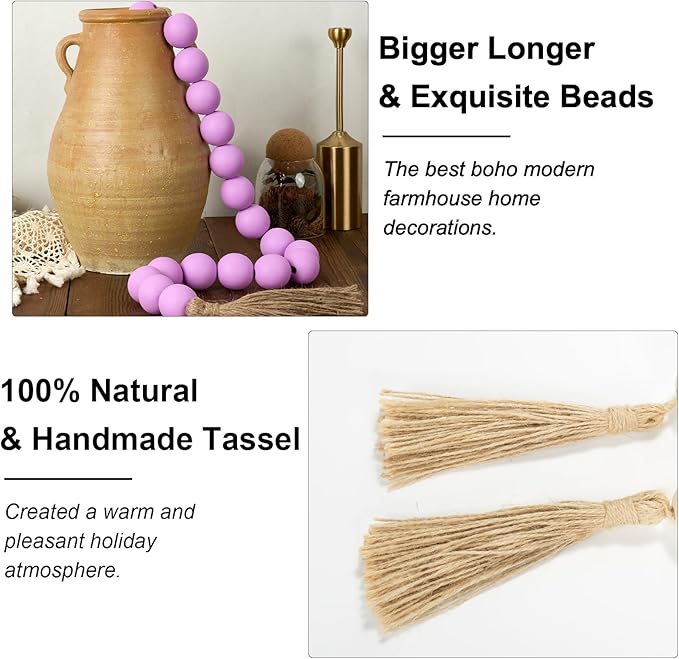 OMISHE Extra Large Wood Bead Garland Purple with 1.6" Diameter Wooden Beads and Tassels, 41" Long Rustic Farmhouse Country Decorative Beads for Home Tiered Tray Decor, Purple