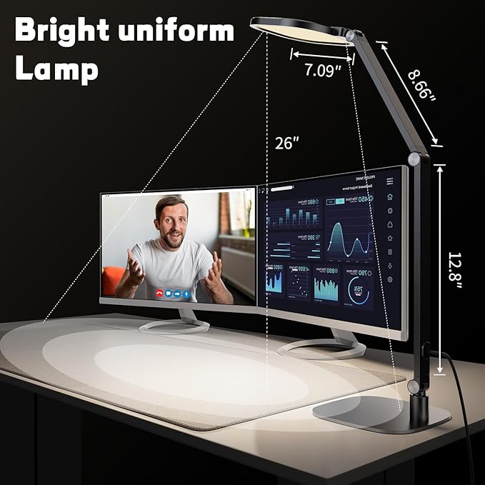 LED Desk Lamp for Home Office, Eye-Caring Modern Desk Light, 3 Color Temperature 10 Brightness Computer Light, Dimmable Desk Light with Memory & Timer Func, Metal Swing Arm Table Lamp