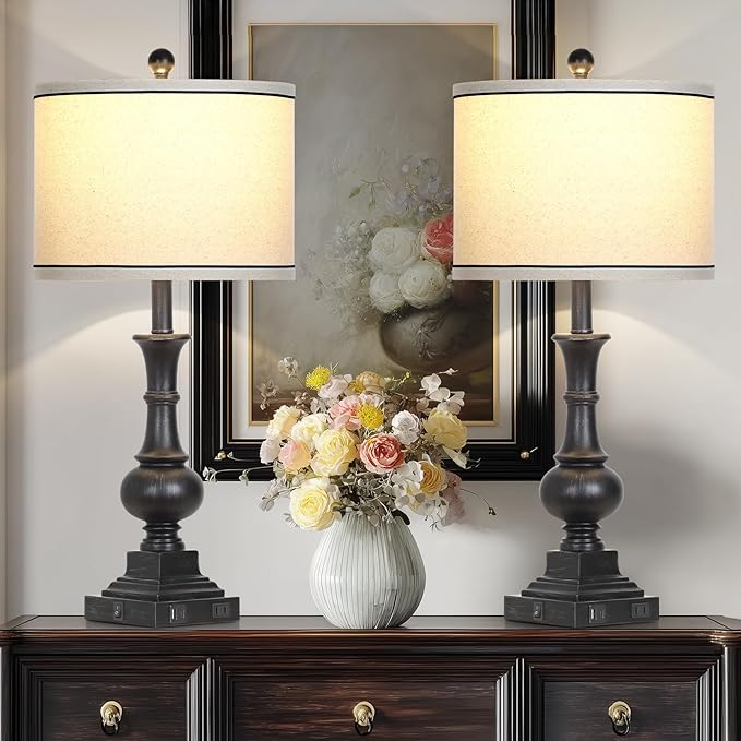 Farmhouse Table Lamps Set of 2, Vintage Bedside Lamps with USB A+C Charging Ports & AC Outlet, 26" Rustic Nightstand Lamp for Living Room Bedroom End Table Wash Black(2 LED Bulbs Included)