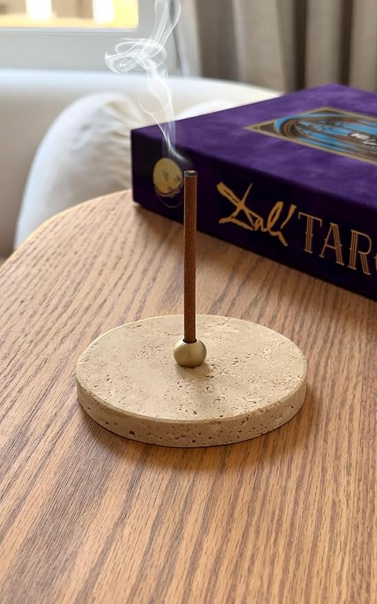 Travertine Stick Incense Holder – Natural Stone Base with Solid Brass Stand – Elegant Aromatherapy Burner for Meditation, Yoga & Home Decor
