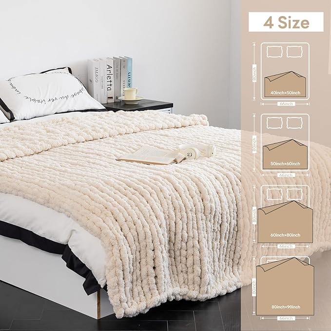 Chunky Knit Blanket - Luxury Soft Cozy 61 * 79 Bold Throw Blanket,100% Woven Blanket Rope Knot Throw Blanket for Couch, Sofa, Home Decor, Gift - Machine Washable（Cream）