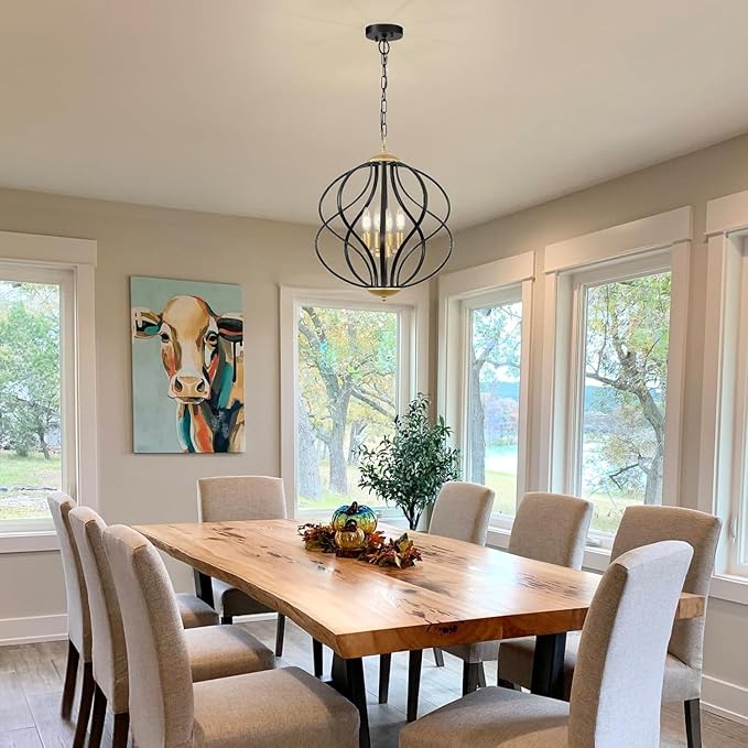 Modern Black and Gold Chandelier for Dining Room, 4 Lights Geometric Chandeliers, Sphere Chandelier Industrial Large Pendant Light Fixtures Hanging for Kitchen, Entryway, Foyer, Stairs