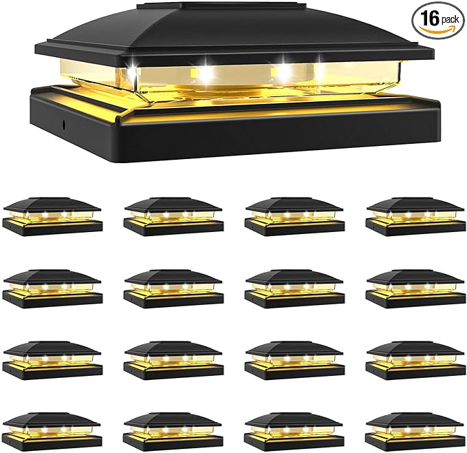 VOLISUN Solar Post Cap Light Outdoor Waterproof 16pack,Solar Fence - Post Lights for 4x4 5x5 6x6 Wooden/Vinyl Post,Black Deck Cap Light Solar Powered with Warm White for Garden/Patio/Porch