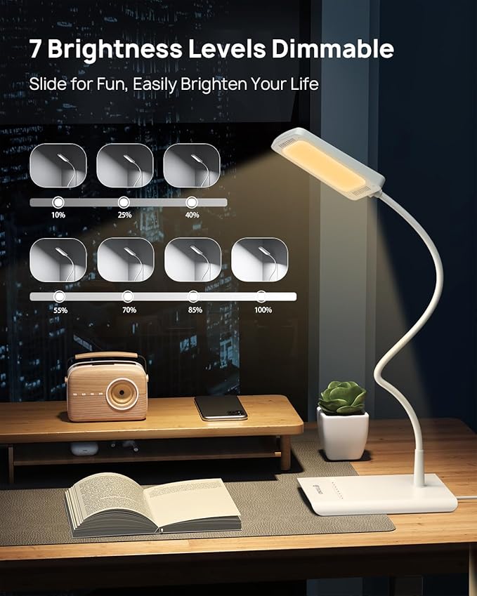 TROND Desk Lamp, Bright Dimmable Eye-Caring Table Lamp, 3 Color Modes 7 Brightness Levels, Flexible Gooseneck, Touch Control, Memory Function, Desk Light for Home Office Dorm Room Essentials