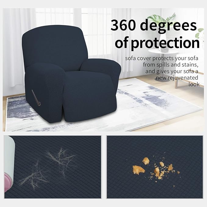 Easy-Going 4 Pieces Oversized Recliner Stretch Sofa Slipcover Sofa Cover Furniture Protector Couch Soft with Elastic Bottom,Polyester Spandex Jacquard Fabric Small Checks Dark Blue