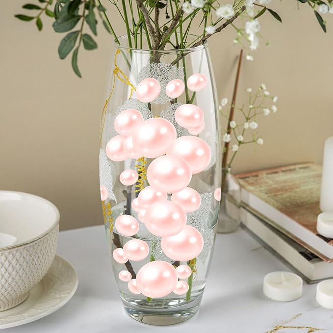 200PCS Light Pink Faux Pearls Beads for Centerpiece Vases, Vase Filler Faux Pearls, No Holes Filler Beads for Party Anniversary Birthday Wedding Table Decor, 10/14/20/30mm