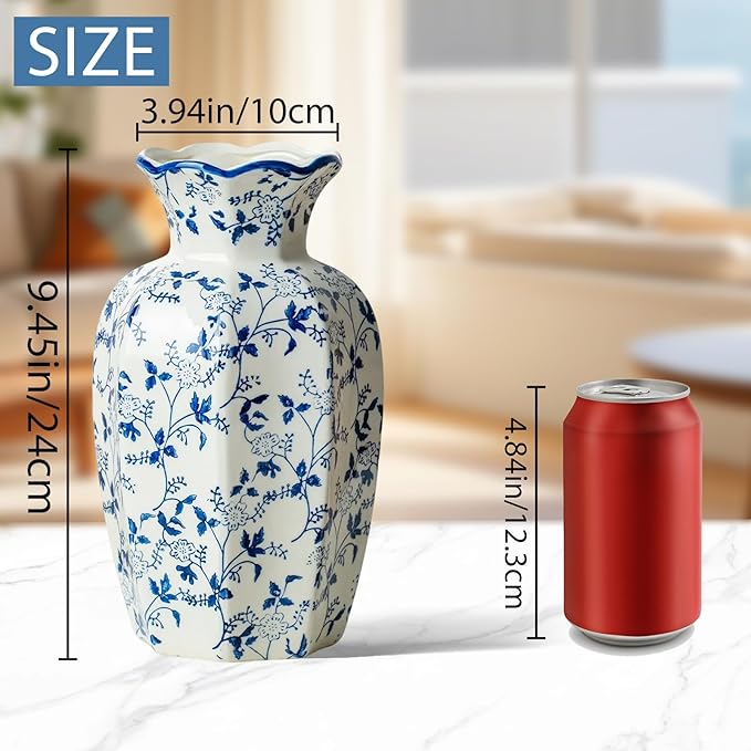 Blue and White Ceramic Vase, 9.5 Inch Vintage Chinoiserie Flower Vase Decorative Antique Vases for Home Decor, Rustic Porcelain Vase Farmhouse Shelf Table Centerpieces Decor