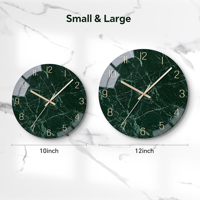 VIKMARI Emerald Green Glass Wall Clock Silent Non-Ticking Battery Operated 10 Inches Modern Marble Texture Home Decorative Kitchen Decor Quartz Small Analog Clock for Bedroom,Living Room,Office