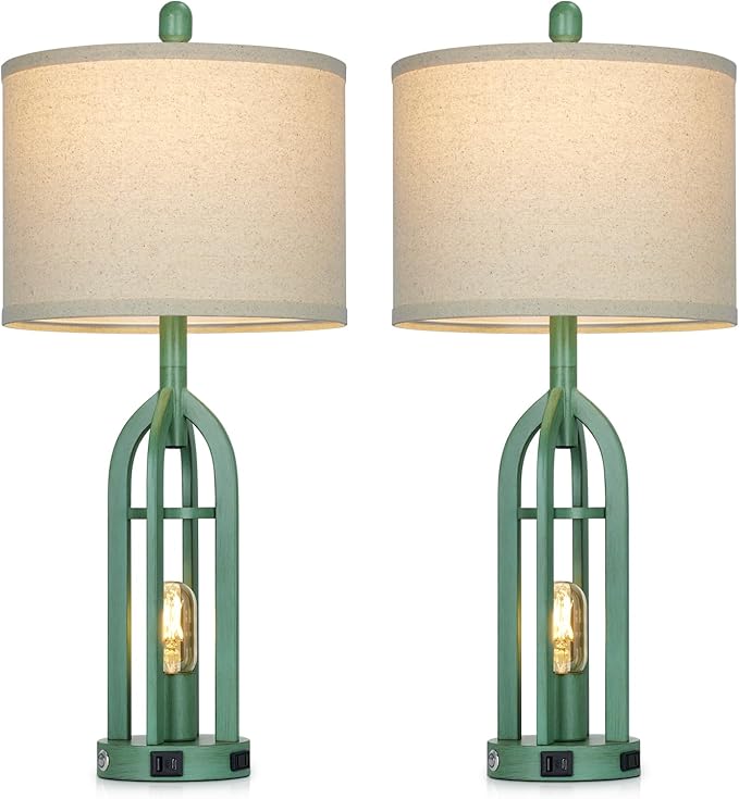 27" Tall Vintage Table Lamp Set of 2 with USB C+A & Outlet,Farmhouse Green Table Lamp for Living Room,Retro Bedside Lamps with Night Light for Bedroom Entryway,Green