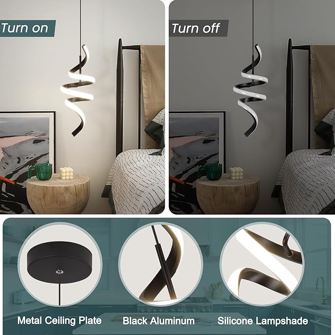 Modern Spiral LED Pendant Lights Kitchen Island, 22W Adjustable Height Hanging Light Fixture 5500K Black Chandelier for Dining Room Cafe Table, 3 Pack