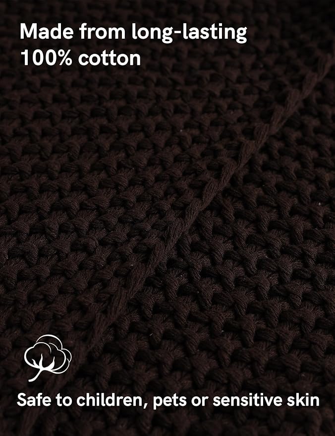 YnM Chunky Cotton Knit Throw Blanket, Cable Knit Throws for Bed Couch Sofa, Comfy & Relaxing, Decorative Piece for Farmhouse Modern Boho Rustic Scandinavian Chic Vibe, Chocolate Brown 60x80 Inches