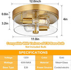 Flush Mount Ceiling Light Fixtures, 2-Light Gold Ceiling Mount for Farmhouse with Seeded Glass Lampshade, Industrial Flush Mount Light Fixture Farmhouse for Hallway, Kitchen, Entryway and Foyer