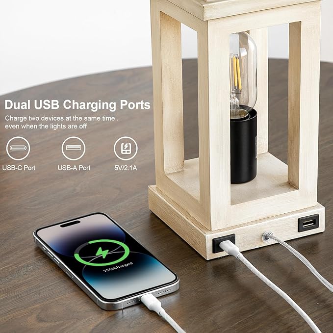 BOBOMOMO 23.75" Antique White Farmhouse Table Lamps Set of 2 – Vintage Nightstand Lamps with 3 Way Dimmable Touch Control Night Light & USB A+C Ports, Rustic Lamps for Bedroom, Living Room, Hallway