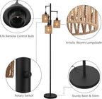 Rattan Floor Lamp for Living Room with 3 Lights,Boho Standing Lamps with Rattan Shades, Rustic Black Vintage Standing Light 70" Tall Tree for Office, Reading, Corner, Blub Included