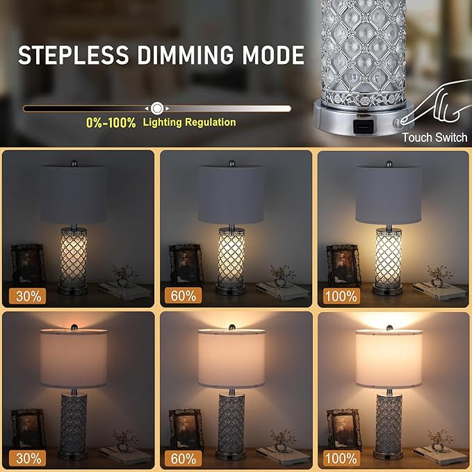 Serteaw Touch Control Table Lamp Set of 2,Silver Crystal Nightstand Lamps with USB Charging Ports, Stepless Dimming, Modern Side Lamps for Bedroom & Living Room, Energy-Efficient LED Bulbs Included