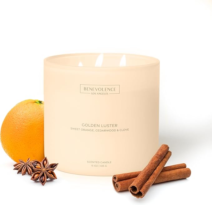 Orange, Cedarwood & Clove – Benevolence LA Large 3-Wick Fall Scented Candle for Home | 15oz, 50-Hour Burn | Soy Wax, Cotton Wicks | Warm & Inviting Autumn Fragrance | Malibu Sands Collection