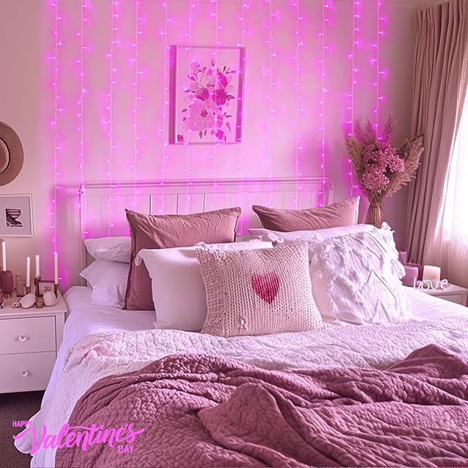 JMEXSUSS 300 LED Pink Curtain Lights Indoor, Christmas Lights Plug in, 8 Modes Pink String Lights for Bedroom Window Wall Party Backdrop Xmas Valentine Decorations, 9.8x9.8ft