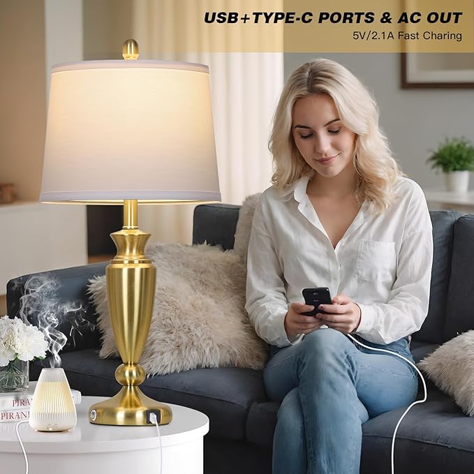 27'' Gold Table Lamps for Living Room with White Lampshade, 3 Way Touch Control Bedside Lamps Set of 2 with USB A+C Ports, Modern Metal Nightstand Lamp for Bedroom Office End Table
