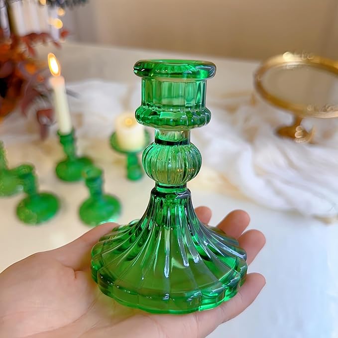 Glass Candlestick Holder,Striped Taper Candle Holders,Set of 6 Candle Stand for Table Centerpieces, Home Decor,Weddings,Festival and Parties (Green Stripe Pattern)