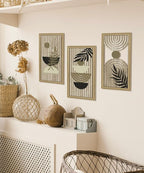 Putuo Decor Boho Abstract Wall Art, Set of 3, Modern Geometric Botanical Wooden Wall Decor, Mid-Century Minimalist Framed Artwork, Neutral Toned Aesthetic Prints, for Living Room, Bedroom, Office