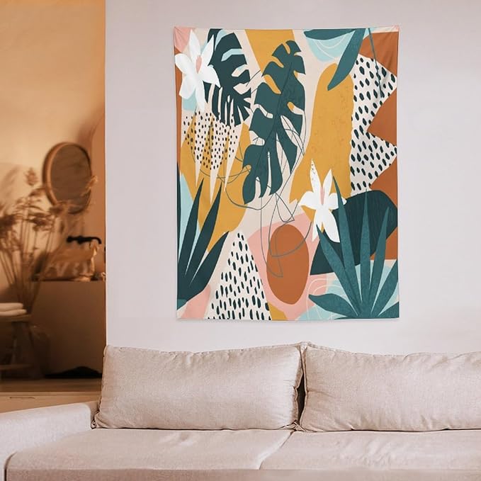 Abstract Bohemian Mid Century Tapestry, Tropical Leaves Modern Geometric Archway Minimalist Bohemian Botanical Aesthetic Wall Hanging, Sage Green Gold Home Decor Art for Bedroom 60x60 Inch