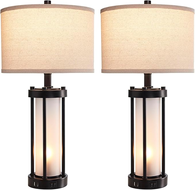 RORIA Set of 2 Modern Table Lamps for Living Room with 2 USB Ports, White Frosted Glass Nightlight for Bedroom, Contemporary Desk Lamps for Nightstand End Table Entryway, 4 Bulbs Included (Black)