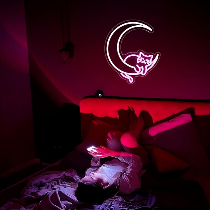 Moon Cat Neon Sign, Neon Signs for Wall Decor LED Light Up Signs Home Decor for Bedroom Club Party Bar Shop USB Operated