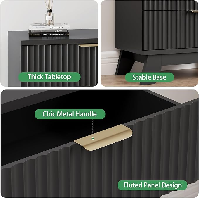 Fluted Nightstand, 24" Wide Side Table with 3 Large Storage Drawers, Mid Century Modern Wood Night Stand with Metal Handle, Wooden Bedside End Table for Bedroom, Living Room, Closet, Black