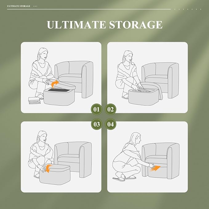 Mid-Century Velvet Living Room Chair with Storage Ottoman, Space-Saving Accent Chairs for Bedroom/Reading Spaces/Office, Green