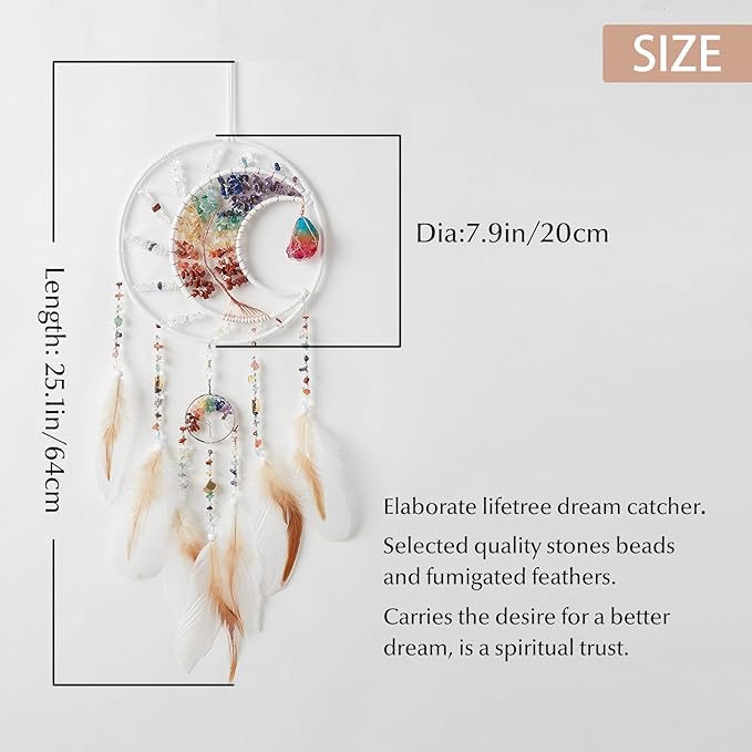 7 Chakras Dream Catchers Tree of Life Dream Catcher White Feather Dreamcatcher Wall Decor with Healing Crystal Stone & Fluorite Wall Art Hanging for Bedroom Home Decor Bless Gift Wedding Garden