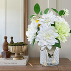 Fake Flower with Vase,White Silk Dahlia Artificial Flowers in Clear Glass Vase for Home Bathroom Office Desk Party Centerpiece Coffee Table Decor