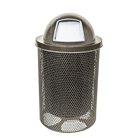 32-Gallon Heavy-Duty Punched Steel Round Trash Receptacle, Commercial Outdoor Waste Bin with Liner & Black Dome Lid – Made in America (Textured Gold Vein)