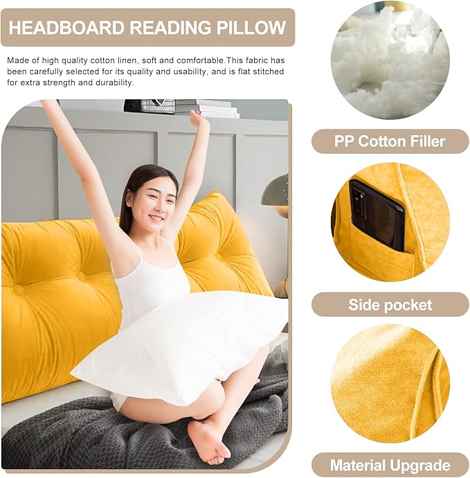 Large Triangular Headboard Pillows Long Backrest Positioning Support Bolster Cushion for Daybed Fluffy Quality Plush Body Wedge Pillow with Removable Cover(Light yellow-Full-54x8x20in)