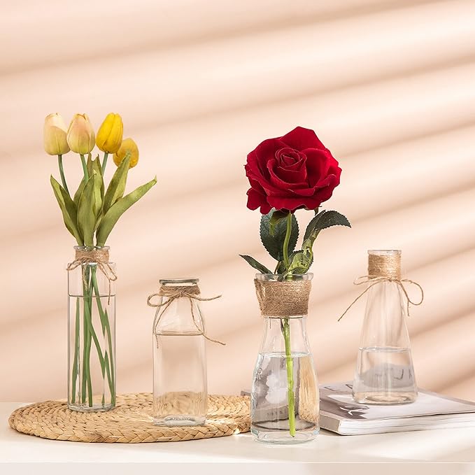 Flowers Vases Set of 10, Small Clear Glass Vases with Rope Design and Differing Unique Shapes Flower Vase for Home Holiday Decoration